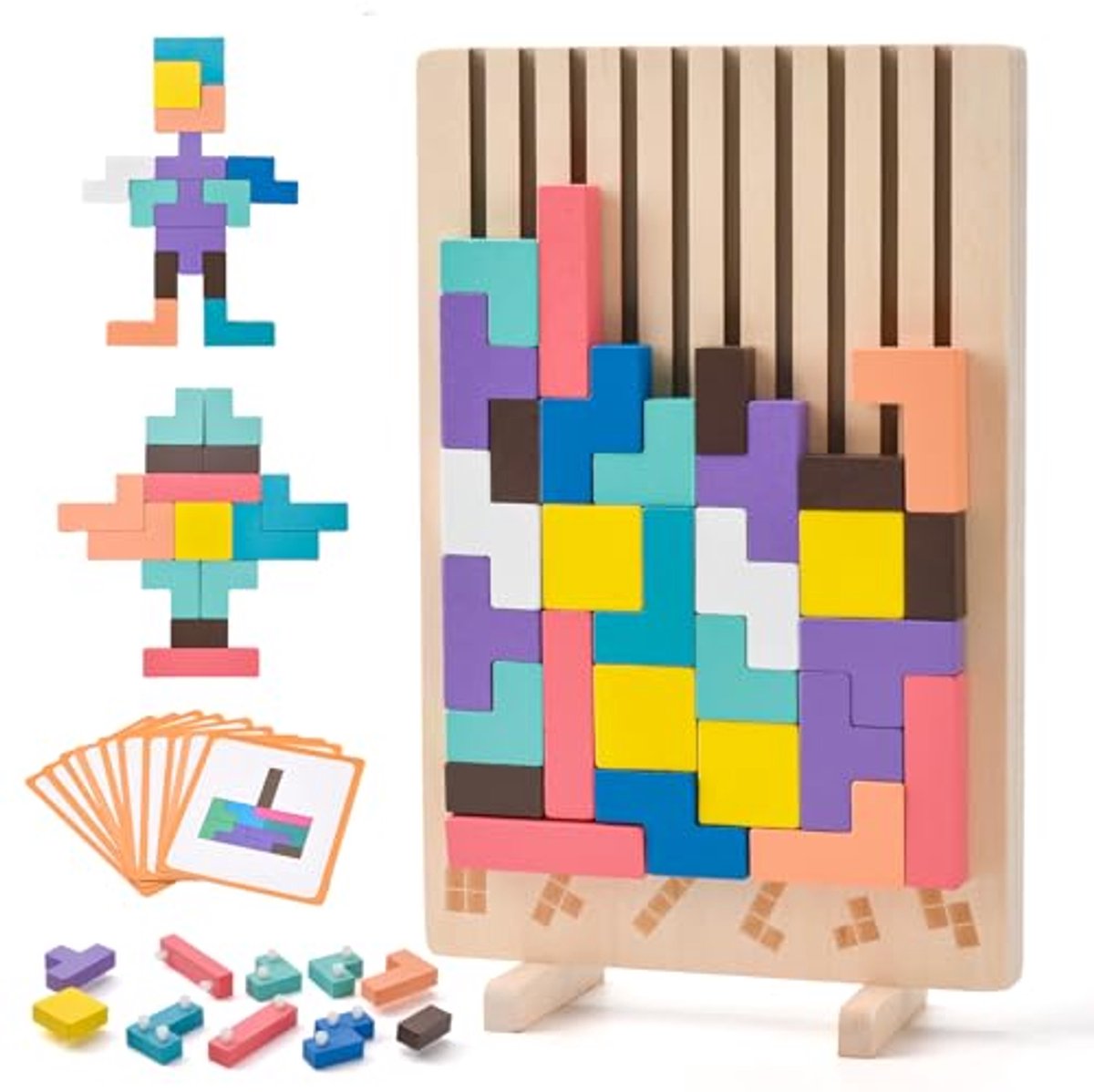 Houten puzzel educatief speelgoed voor kinderen, houten Tetris stapelpuzzel, 3D kleurrijke Tetris blokken met houder, Montessori leerspeelgoed voor kinderen van 3, 4, 5 en 6 jaar, cadeau voor jongens en meisjes