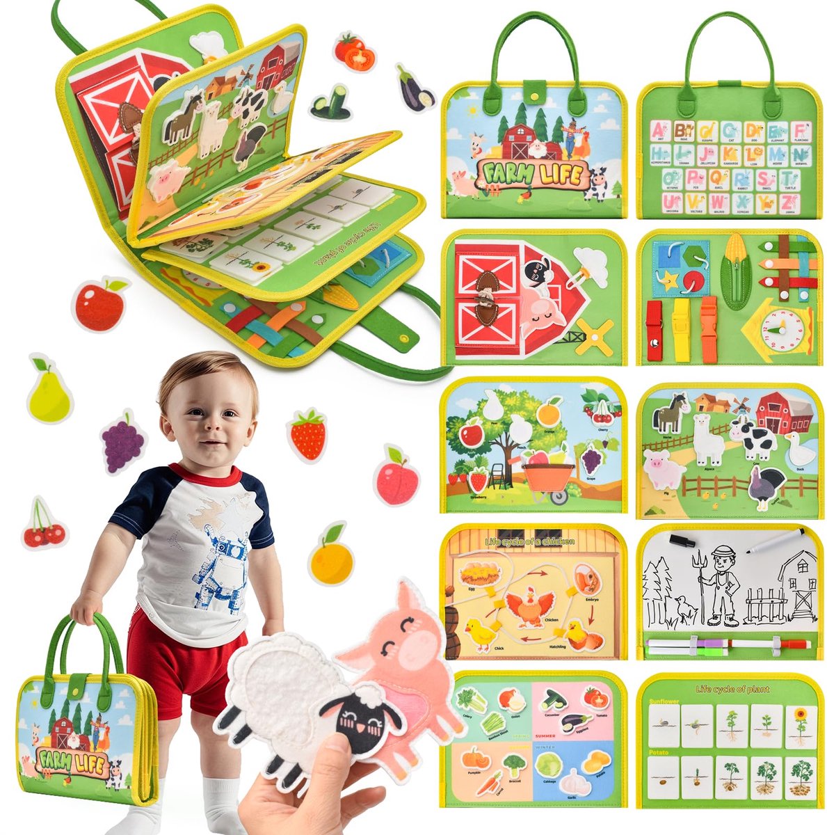 Montessori speelgoed voor peuters met een druk bord, sorteer- en stapelspeelgoed, speelgoed voor peuters met een druk bord, cadeau voor een verjaardag - kleuters leren levensvaardigheden, Farm Green, 8 paginas