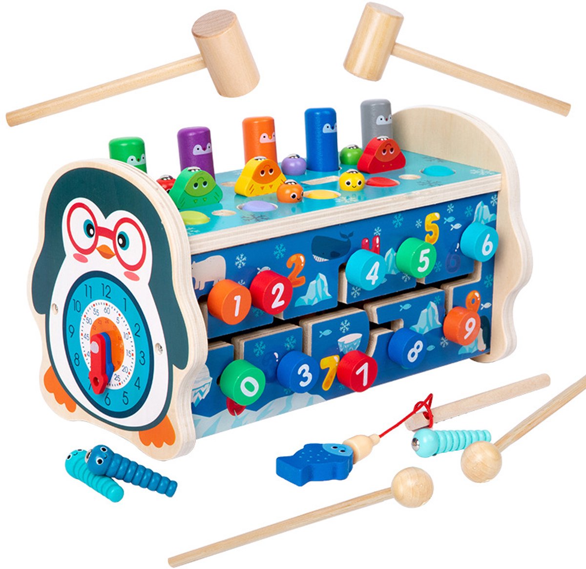 Motoriek speelgoed - Montessori speelgoed - 7-in-1 Hamerspel & Klopbank met xylofoon - Visspel Houten speelgoed - Kinderspeelgoed Babyspeelgoed Cadeau voor 1, 2, 3 jaar Meisjes Jongens