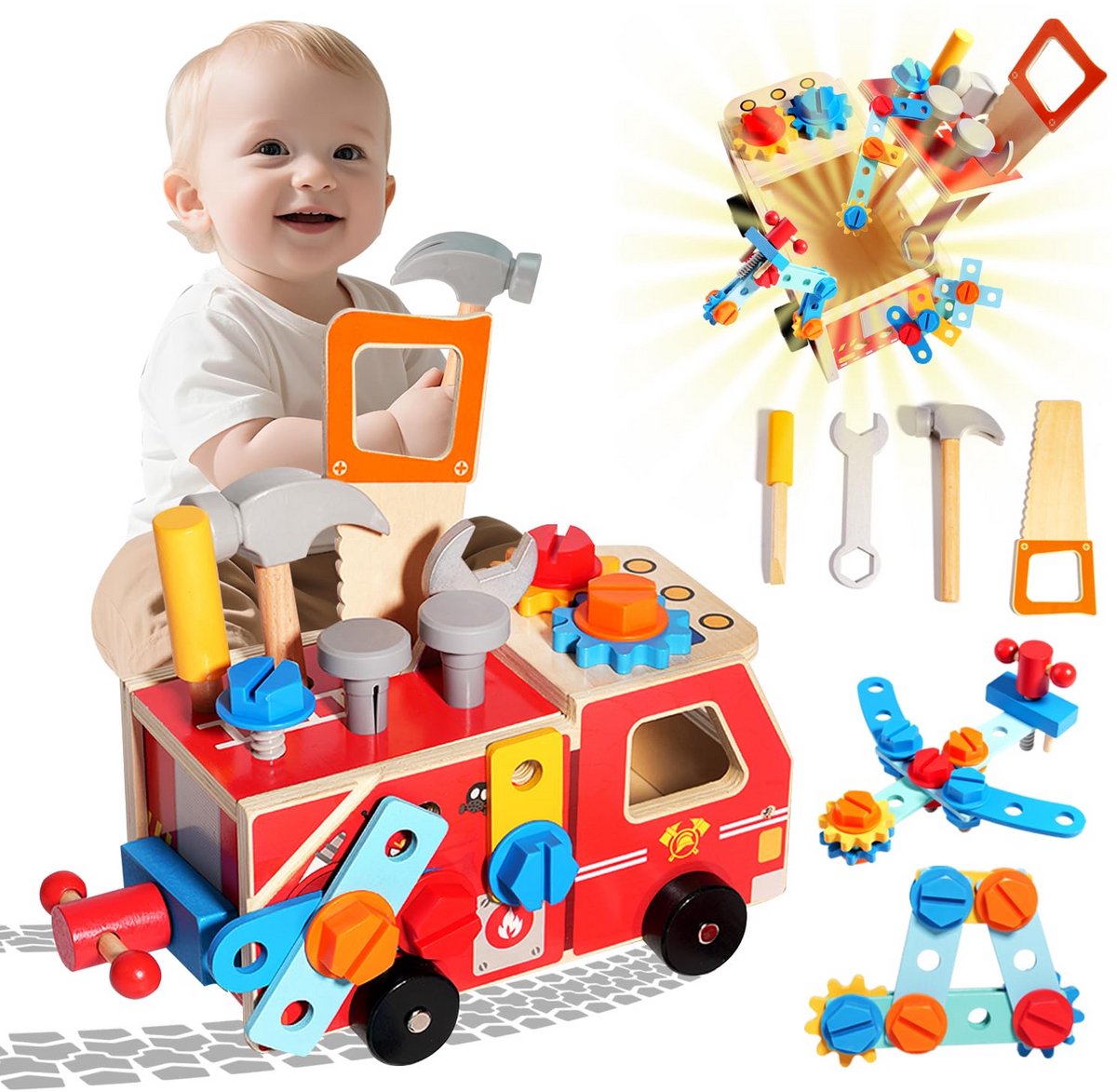 Peutergereedschapsset - Houten kindergereedschap met brandweerwagenvormige kist/bank, Montessori educatief speelgoed voor kleuters, cadeau voor 3-jarigen