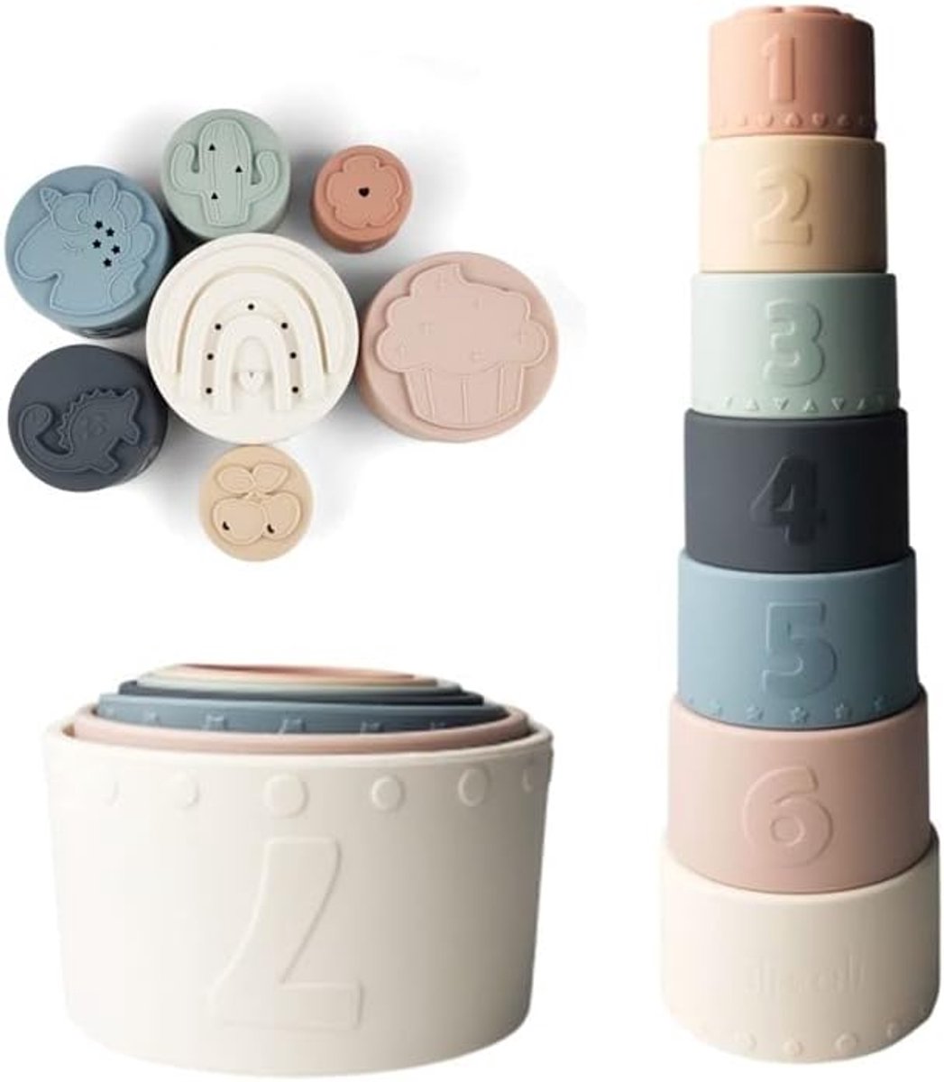 Siliconen Stapelbekers (7-delig), Educatief Speelgoed Voor Babys En Peuters, Babybadspeelgoed, Babyspeelgoed Voor Sensorische Ontwikkeling, Tellend Siliconen Speelgoed, BPA-vrij Ontwikkelingsspeelgoed Voor Babys