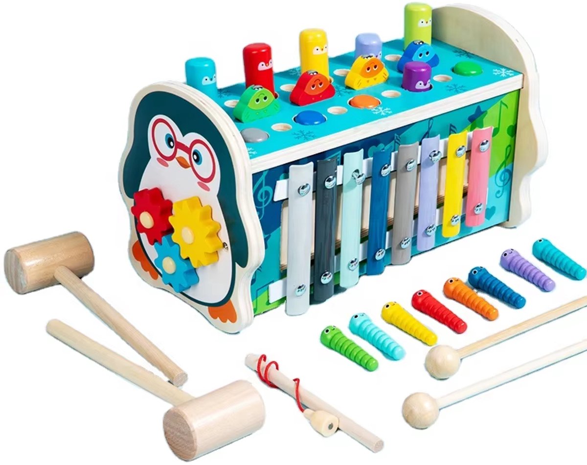 Zes-In-ééN Speelgoed, Montessori Speelgoed, Multifunctioneel Educatief Speelgoed, Motorisch Speelgoed (Hamerspel, Xylofoonspel, Visspel, Getallenverdelingsspel, Bewegende Klok En Draaiend Tandwiel)