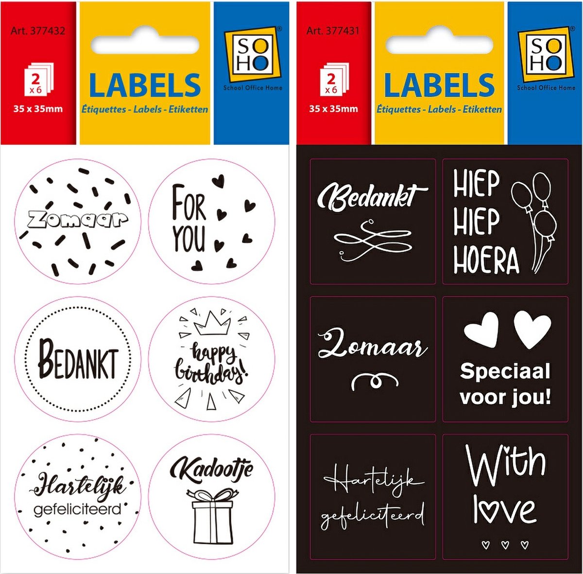 Zelfklevende Cadeaustickers - Verjaardag, Bedankt, zomaar, Bedankt - Wit Zwart - 72 stuks