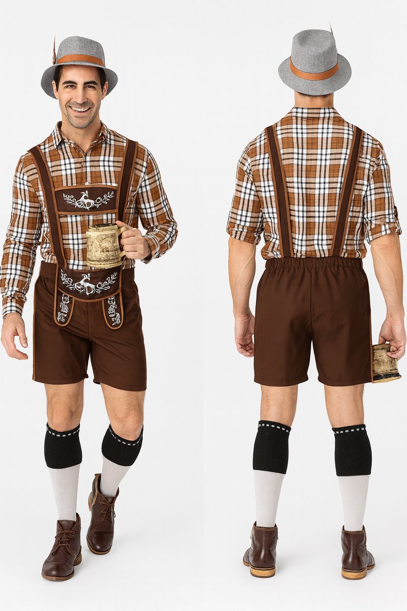 Vermanto oktoberfest - Kostuum - Lederhosen - Blouse - Hemd - Geruit - Broek - Hoed - Oktoberfest - Tiroler - Man - Heren - Set - Bruin - Wit - L