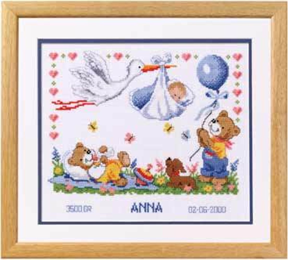 borduurpakket 70.732 ooievaar, geboorte (incl. blauw/rose garen)