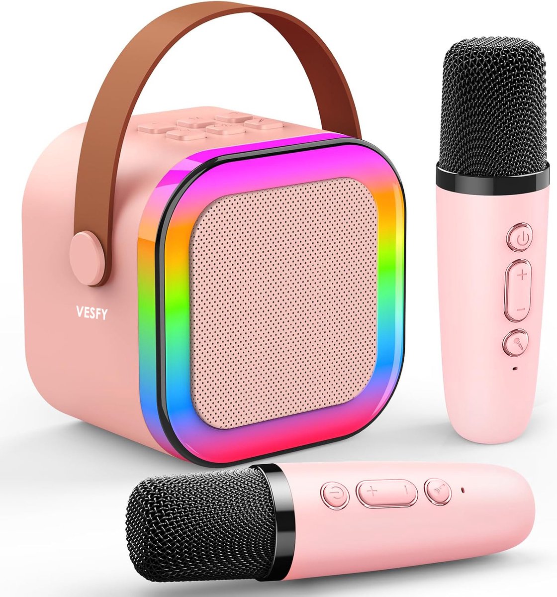 Vesfy Pro Karaoke Set met Bluetooth 5.0 - Draadloos & Draagbaar - 2x Microfoons - LED Verlichting - Voor Feest & Kinderen
