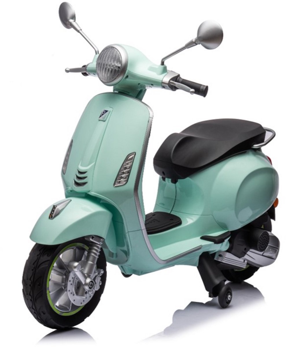 Vespa Primavera Elektrische Kinderscooter – 12V Accu – Mintgroen – Met Zijwieltjes, EVA Rubberen Banden, Bluetooth Muziek & Kunstleren Zitting