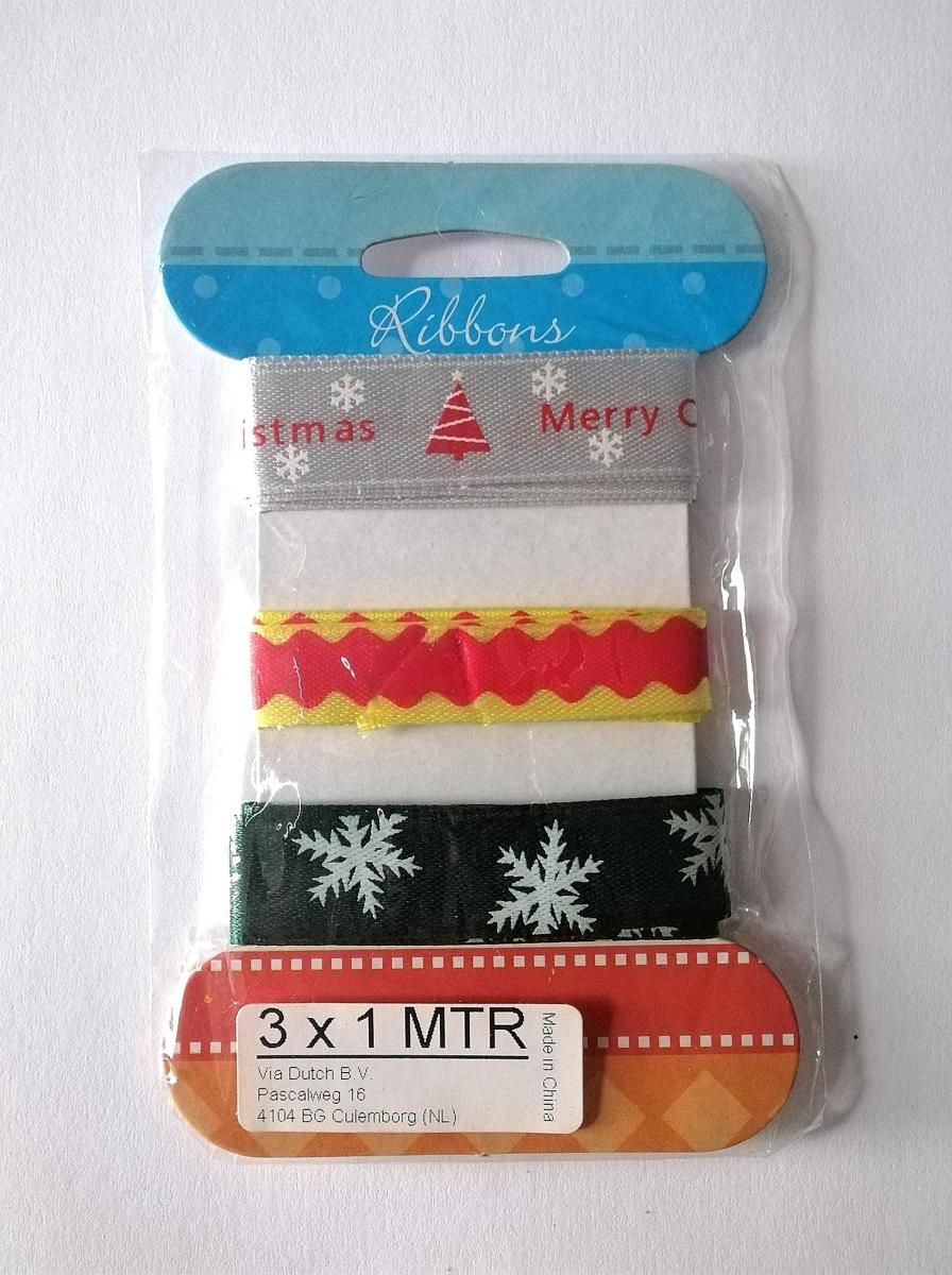 Ribbons, lint, 3 x 1 meter, Merry christmas, Zilver, geel, groen