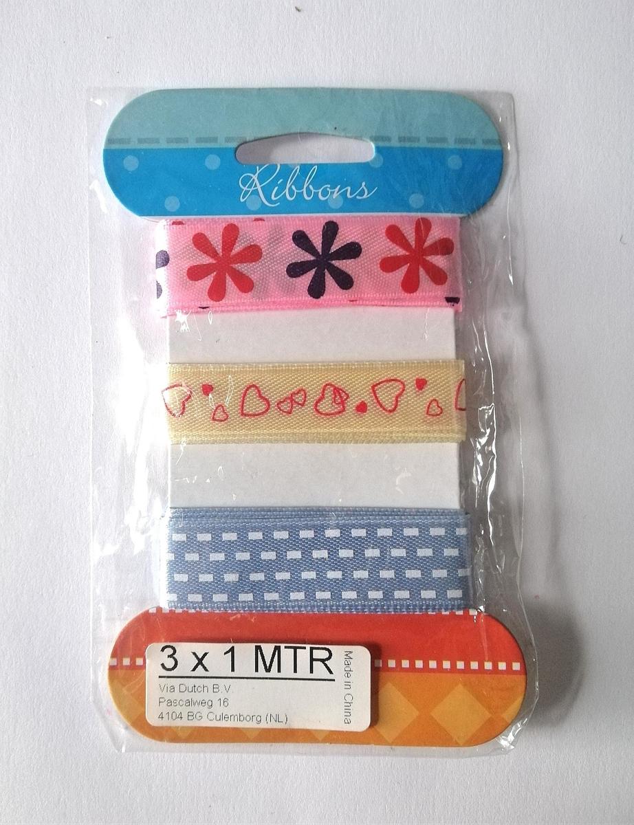 Ribbons, lint, 3 x 1 meter, Roze, creme, blauw met bloemen hartjes en streepjes