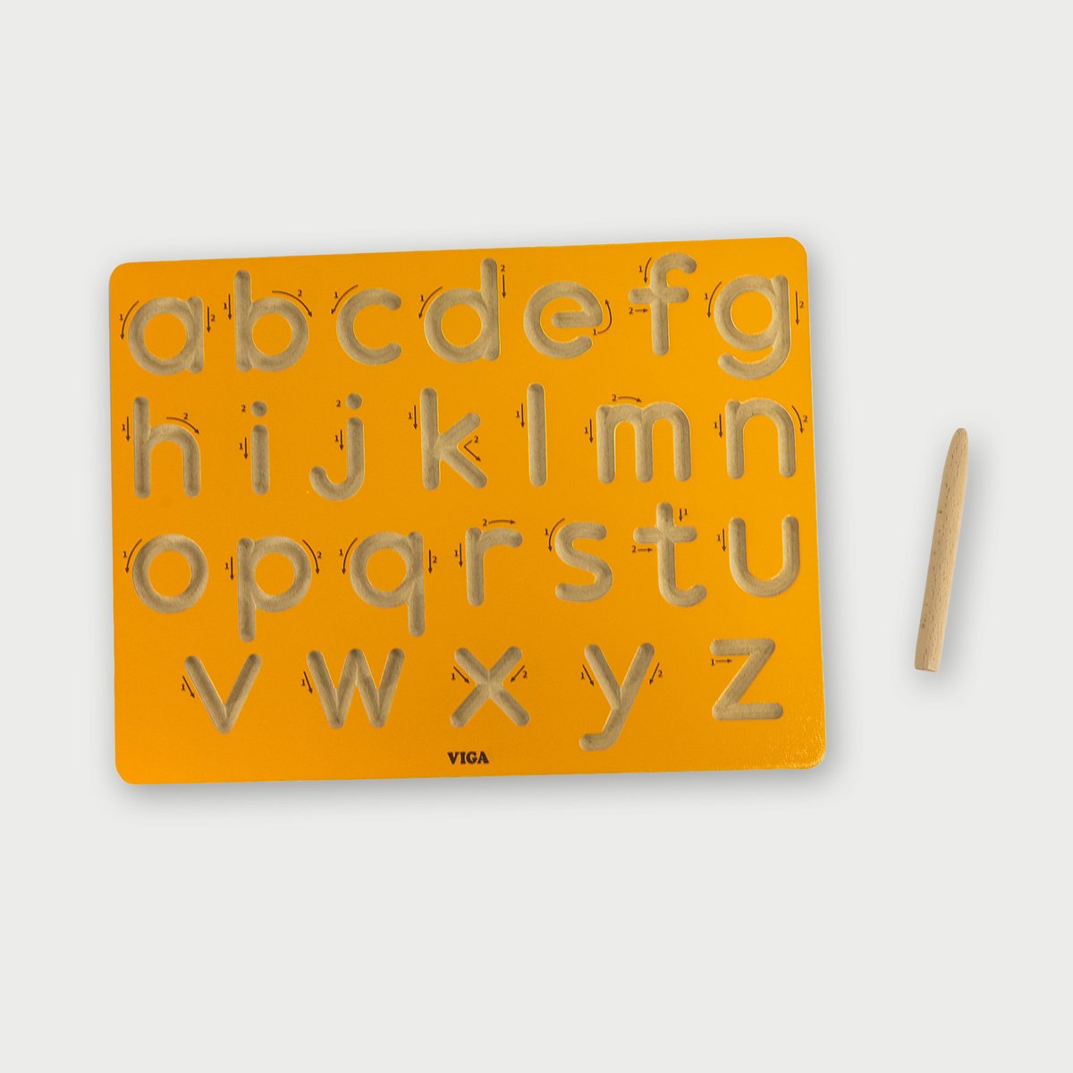 Viga Toys educatief traceerbord kleine letters oranje hout.