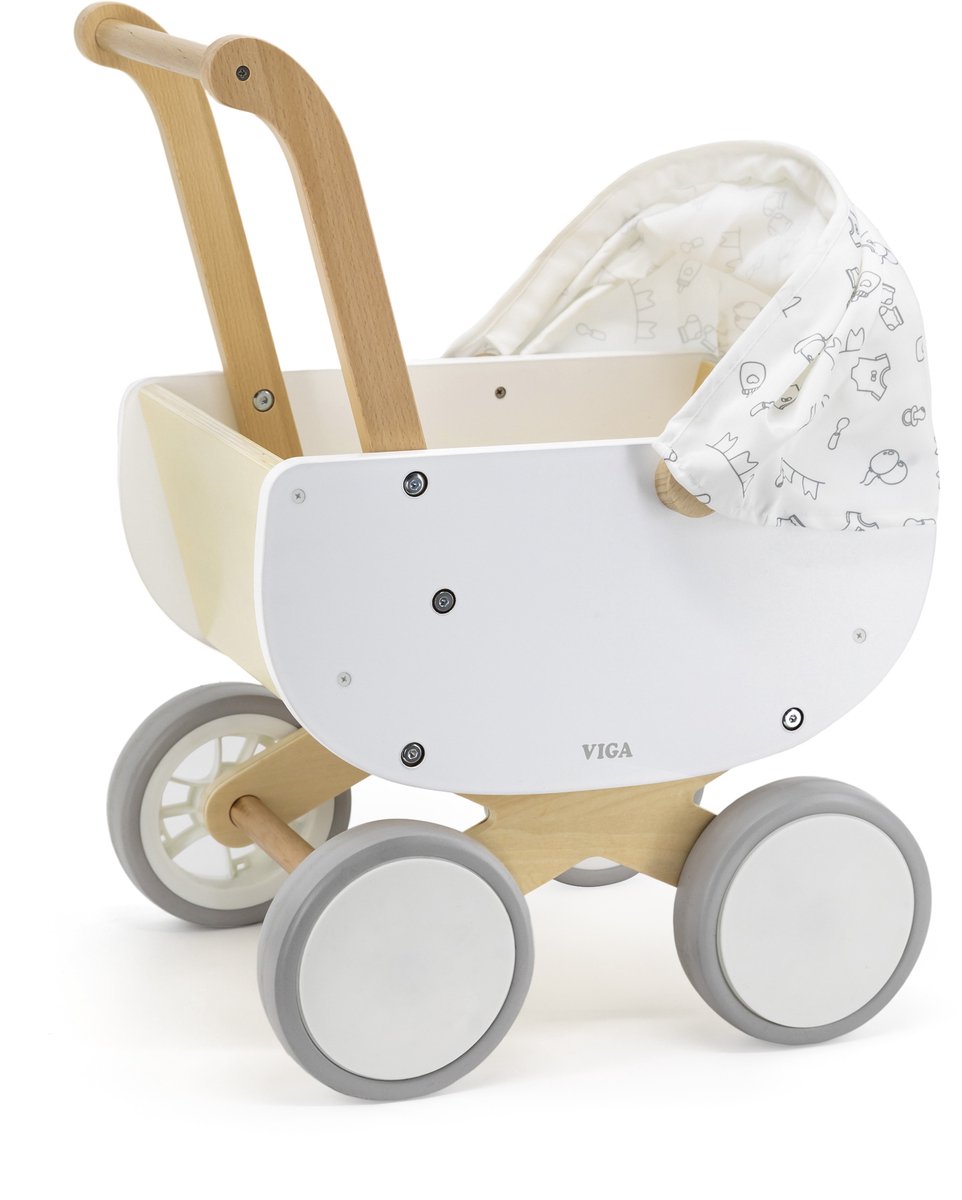 Viga Toys® - Poppenwagen met verstelbare stoffen kap - wit