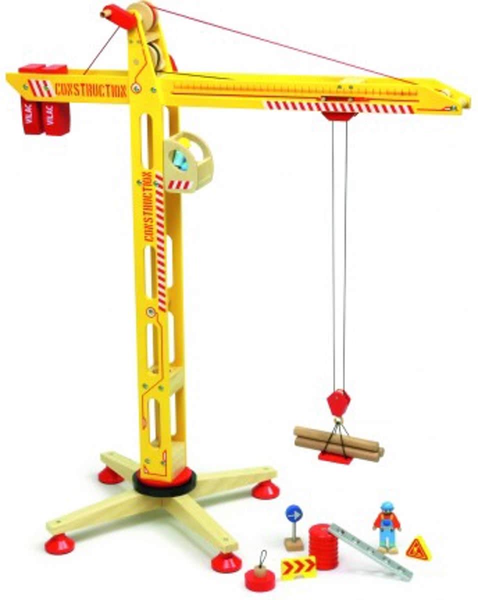 VILAC grote speelgoed hijskraan van hout inclusief accessoires - 80cm H.