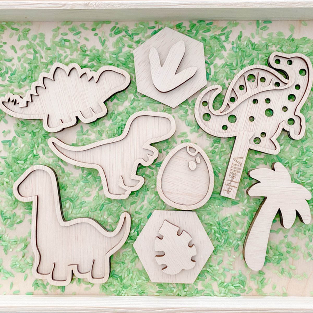 Grote houten dino vulvormen set - 8 stuks - dino, palmboom, stempels, zeef, prehistorie, dinosaurus - Speelrijst vorm - Sensory, sensorisch speelgoed speelframe, Montessori open-ended, vultray, speelbak speelvorm