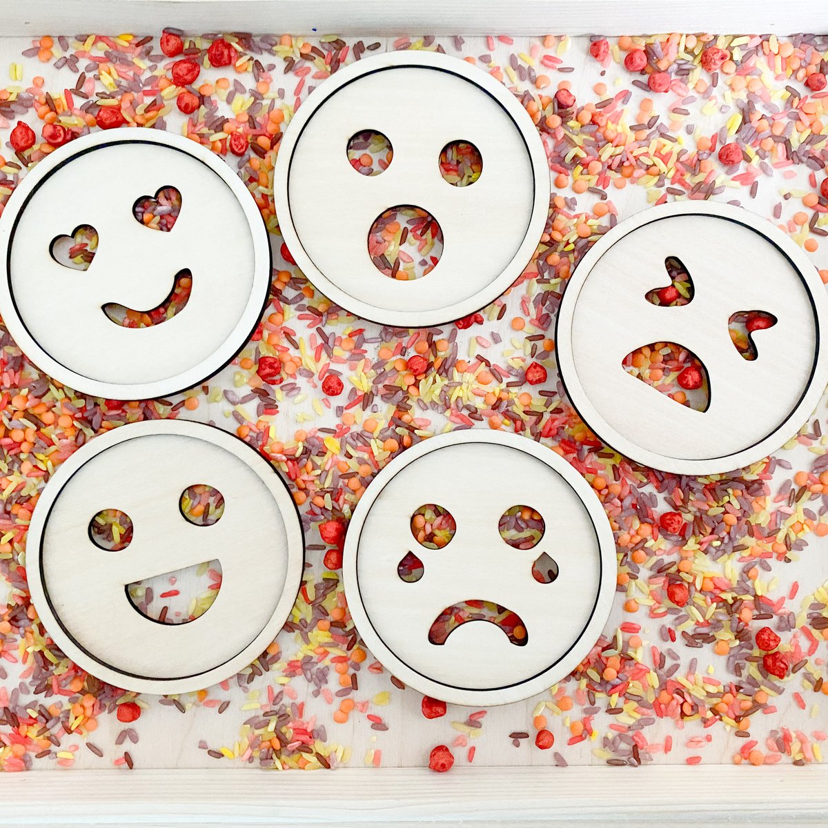 Houten emoties vulvormen set - 5+5 stuks - blij, verdrietig, boos - Gevoelens - Speelrijst vorm - Sensory, sensorisch speelgoed speelframe, Montessori open-ended, vultray, speelbak speelvorm