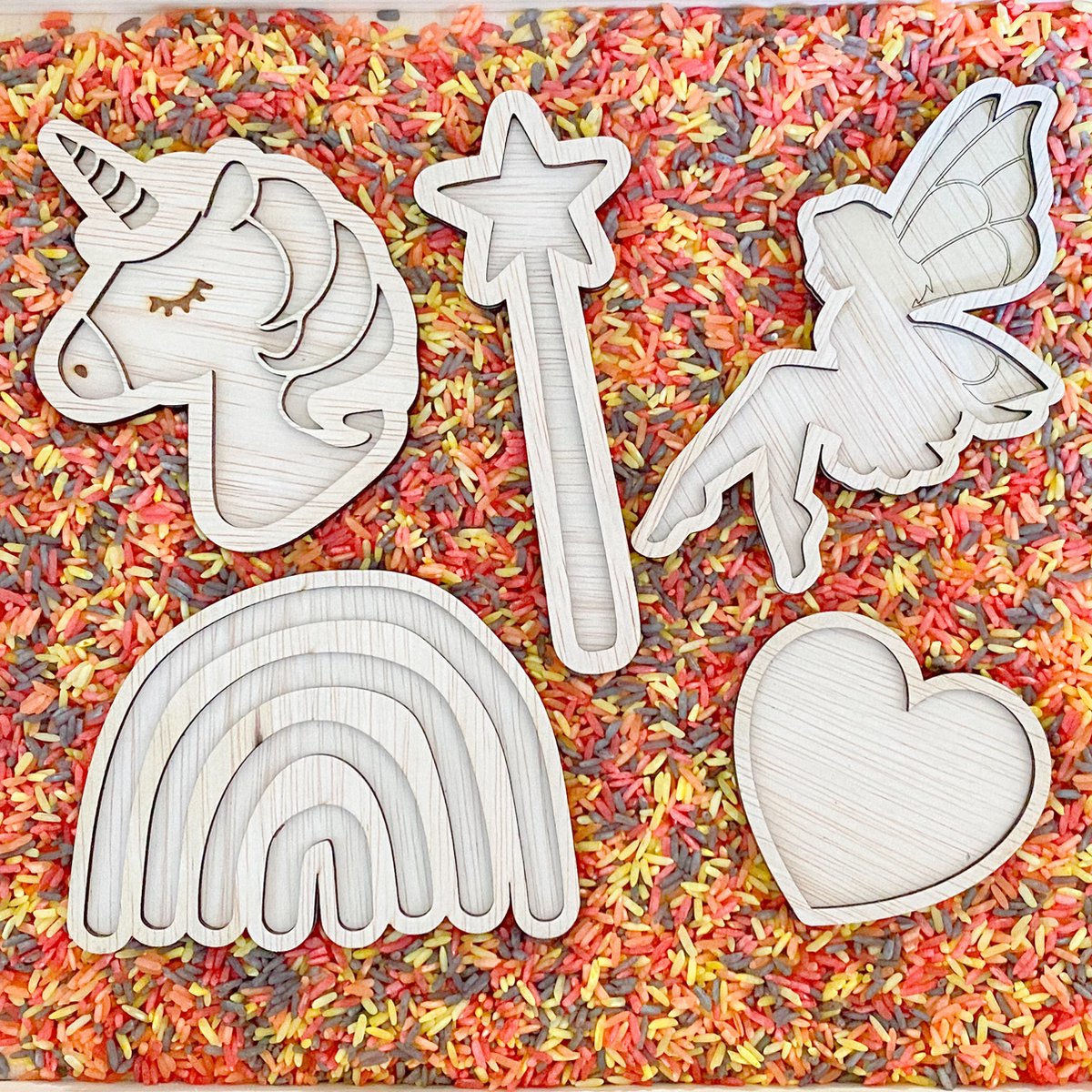 Houten magische vulvormen set - 5 stuks - Elf, eenhoorn, regenboog, toverstaf - Speelrijst vorm - Sensory, sensorisch speelgoed speelframe, Montessori open-ended, vultray, speelbak speelvorm