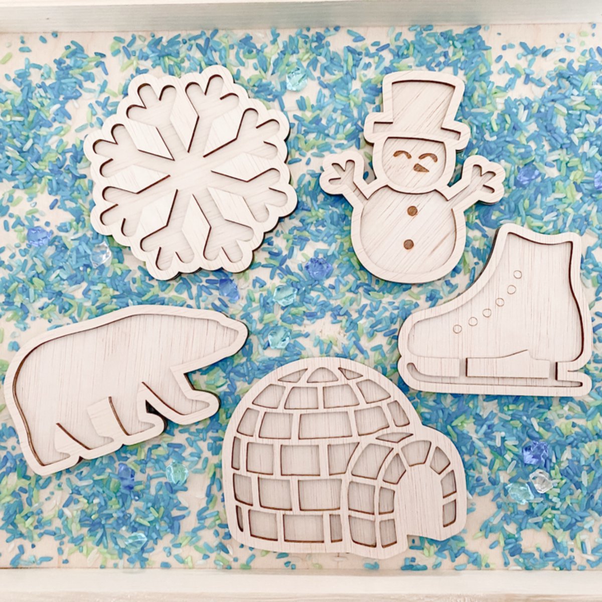 Houten winter vulvormen set - 5 stuks - iglo, sneeuwpop, ijsbeer - Speelrijst vorm - Sensory, sensorisch speelgoed speelframe, Montessori open-ended, vultray, speelbak speelvorm