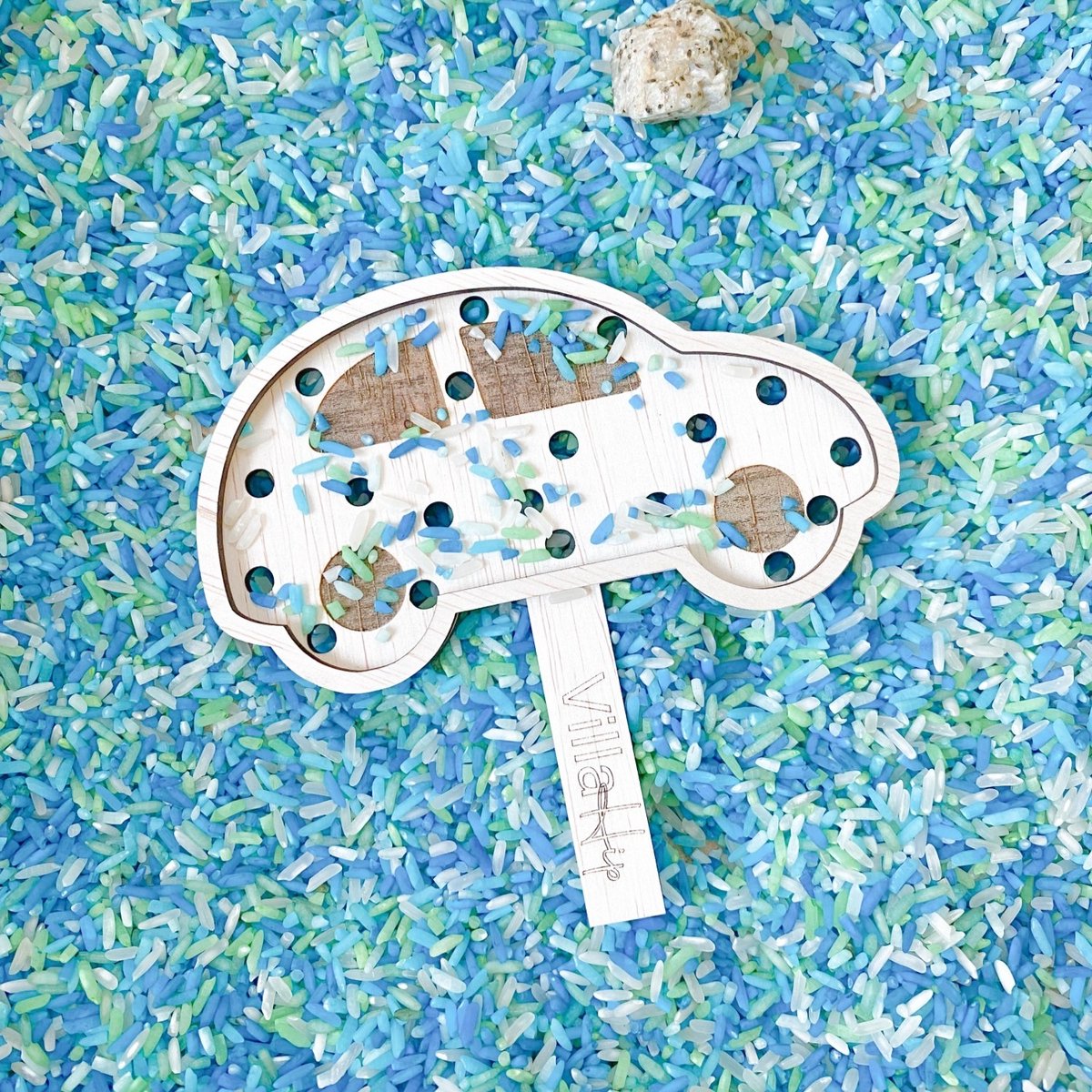 Houten zeef vulvormen - 1 stuks - auto - verkeer - Speelrijst vorm - Sensory, sensorisch speelgoed speelframe, Montessori open-ended, vultray, speelbak speelvorm