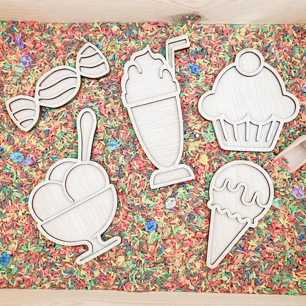 Houten zoetigheid vulvormen set - 5 stuks - cupcake, milkshake, ijs - Speelrijst vorm - Feest - Sensory, sensorisch speelgoed speelframe, Montessori open-ended , sensory play speeltray speelvorm