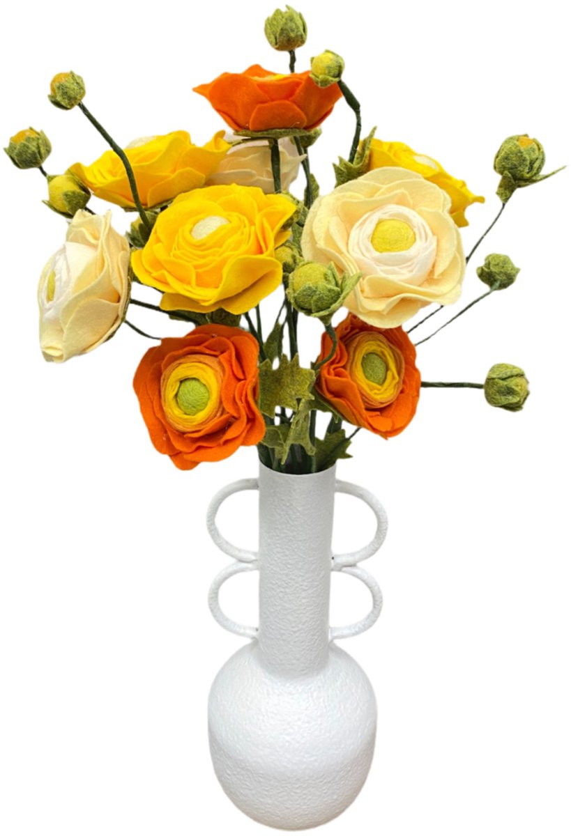 DIY Pakket - Vilt bloemen maken - Ranonkels, Oranje, Geel & Zacht Geel - Bos van 9 bloemen