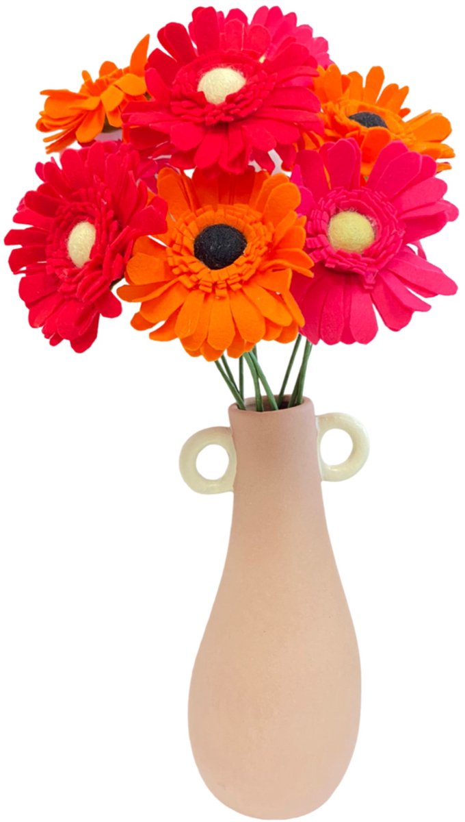 Vilt Bloemen - DIY Pakket - Gerberas - Set van 9 takken - Fuchsia - Rood - Oranje - Zelf maak bloemen