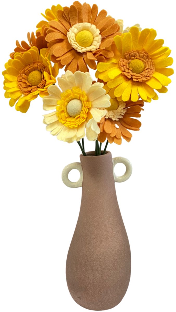 Vilt Bloemen - DIY Pakket - Gerberas- Set van 9 takken - Saffraan - Geel - Zacht Geel - Zelf maak bloemen