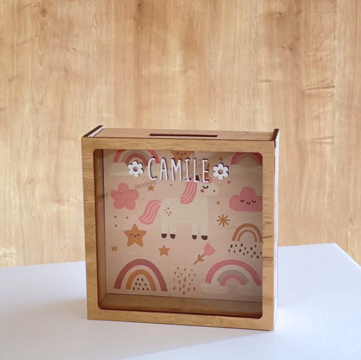 Vintiun - Gepersonaliseerde spaarpot - Thema Eenhoorn Unicorn - Duurzaam hout - Kinderkamer decoratie
