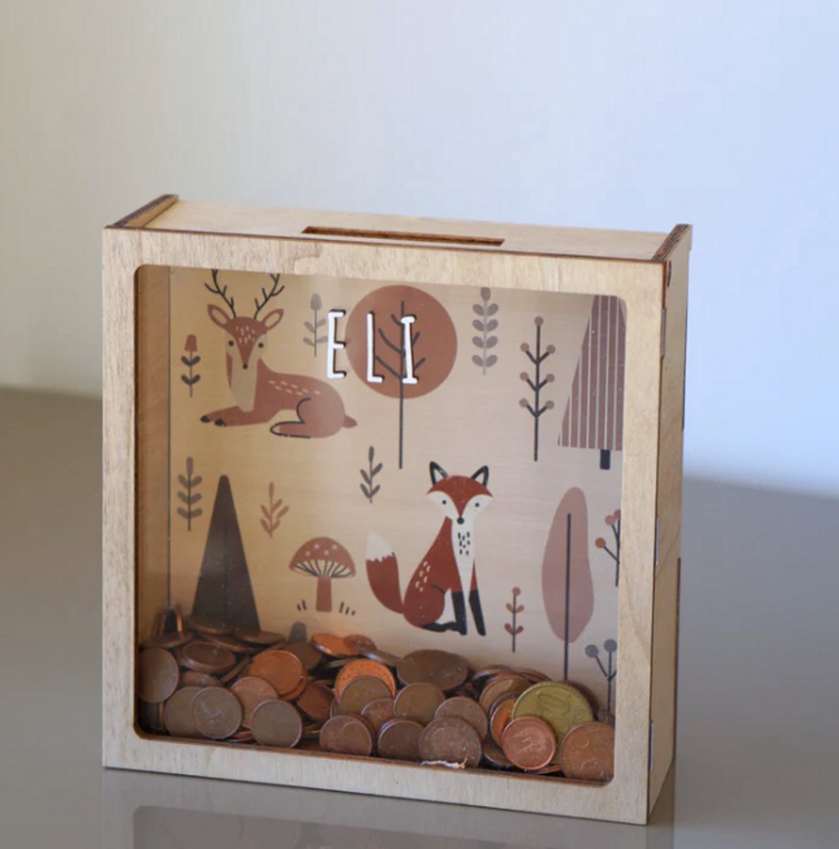 Vintiun - Gepersonaliseerde spaarpot - Thema bos en dieren - Duurzaam hout - Kinderkamer decoratie
