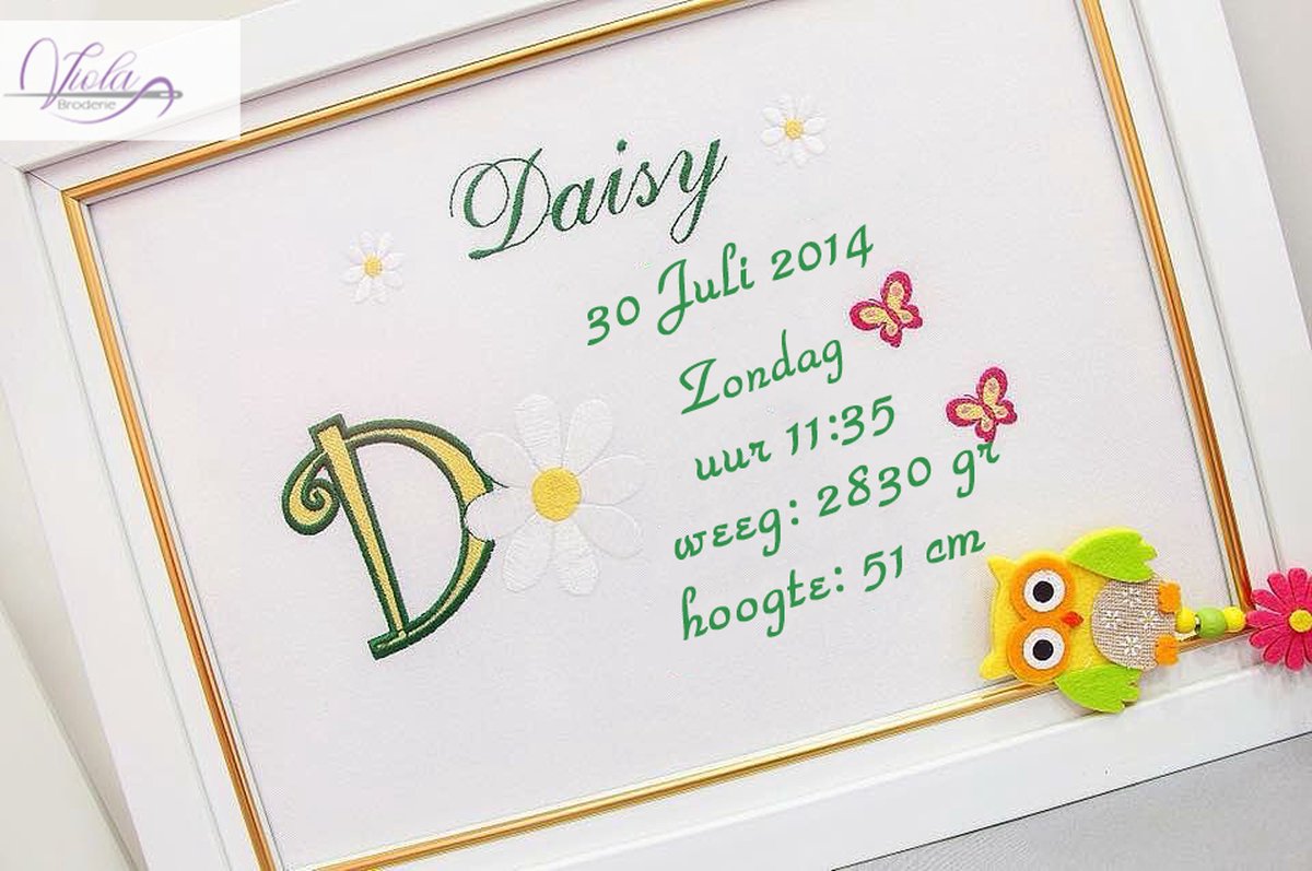 Persoonlijk cadeauborduurwerk in een frame met een madeliefje 25x30cm/Personalized gift embroidery frame with a daisy flower 25x30cm