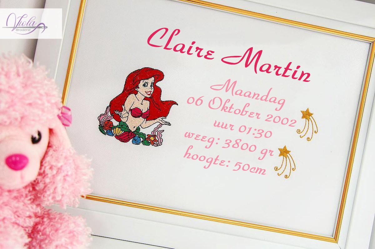 Persoonlijk cadeauborduurwerk in een frame met het personage van Ariel 25x30cm/Personalized gift embroidery frame with character of Ariel 25x30cm