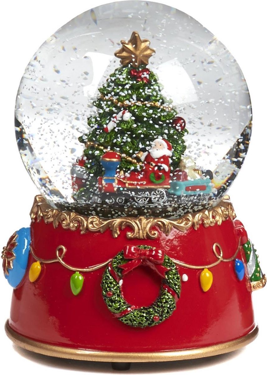   Kerst Sneeuwbol incl. muziekdoos -  Kerstman in kersttrein - rood - 14cm