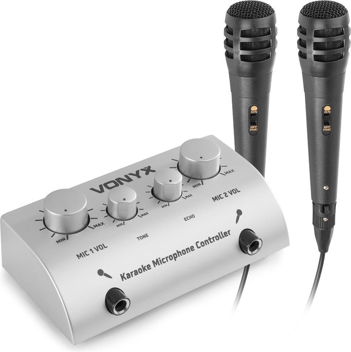 Karaoke set - Vonyx AV430 - 2x karaoke microfoon met mixer met echo effect - Maak van je stereo set een echte karaoke set! - Zilver