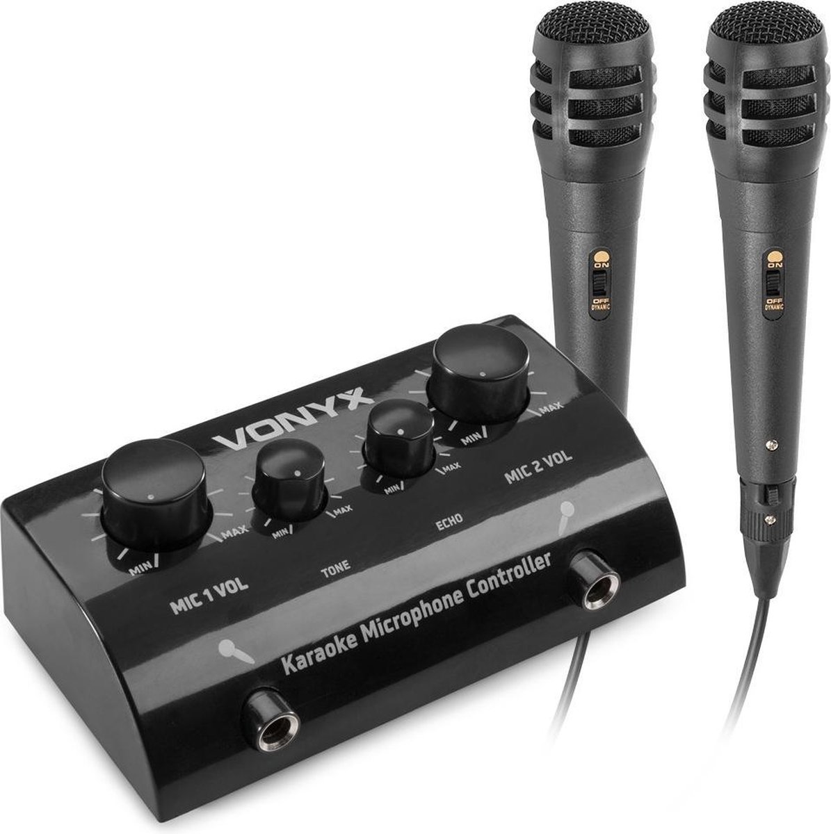 Karaoke set - Vonyx AV430B - Microfoons, mixer en kabel voor telefoon, tablet of laptop - Maak van je eigen stereo set een karaoke set! - Zwart