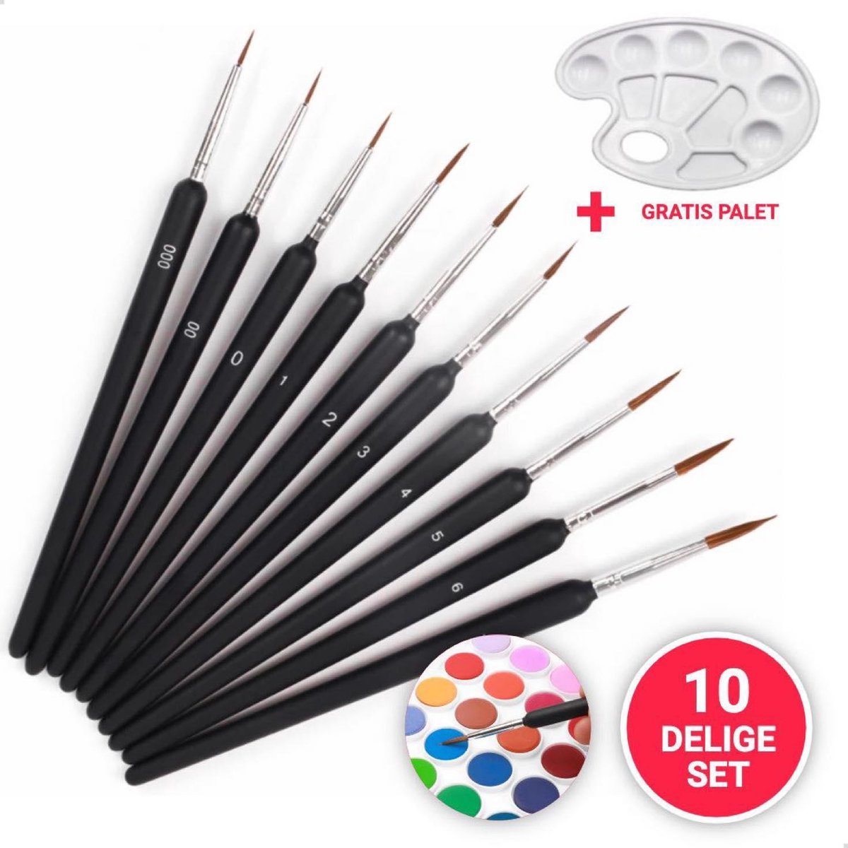   Professionele Penselenset – Set van 10 kwasten - Gratis Palet - Kwastenset - Aquarel, Waterverf, Acryl, Olieverf – Penselen Schilderen – Penselen set - Verfen - Dunne kwast - Fine detail - Hobby - Miniatuur