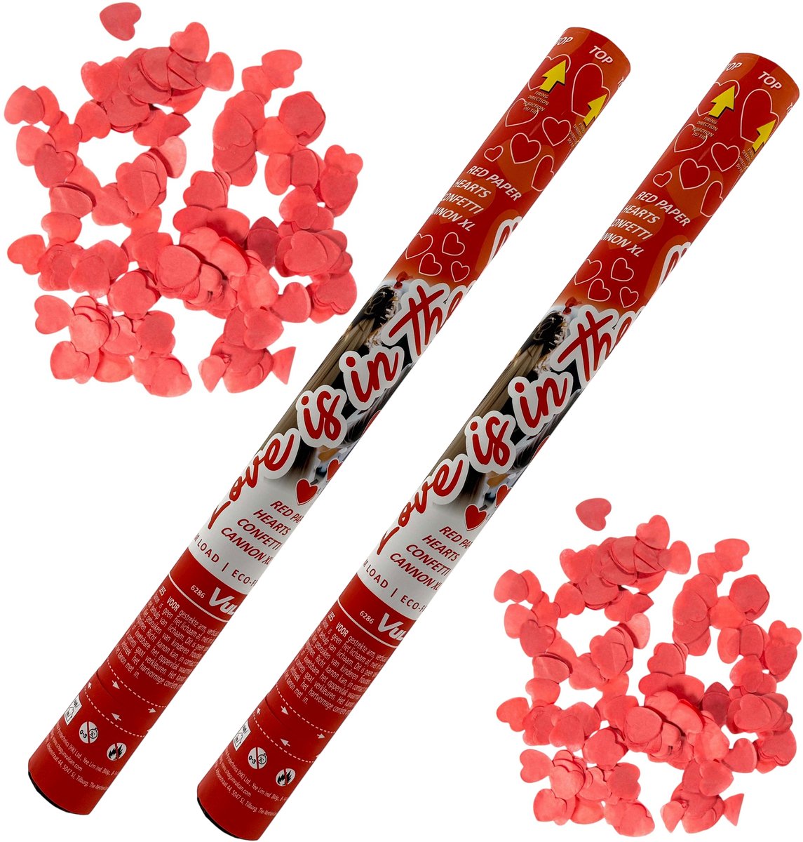Confetti kanon - Party Popper - Shooter - 60cm - Papieren Harten - Rood - 2 Stuks