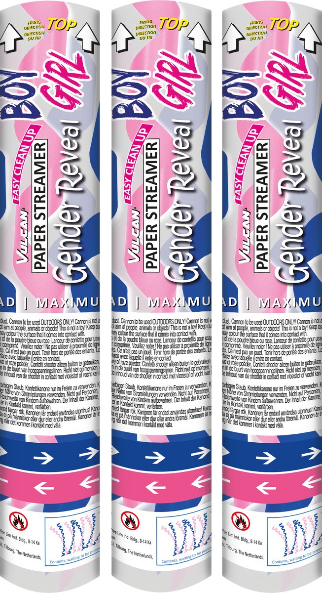 Gender reveal Streamer shooter per 3 stuks 30cm - Blauw
