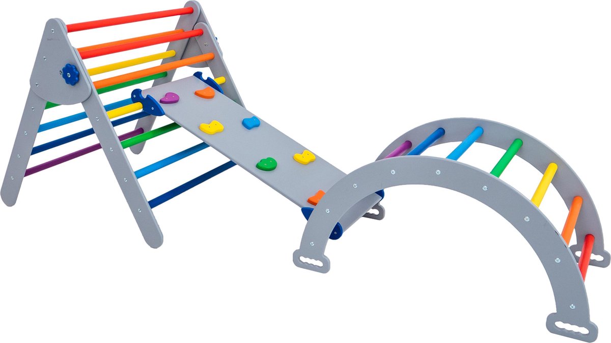   houten klimtoestel - klimdriehoek met klimwand en klimboog - licht grijs met regenboog kleur