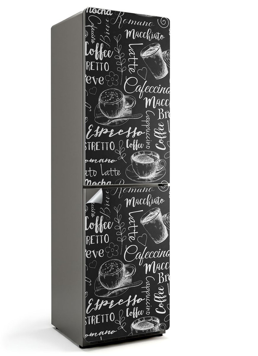 Wallfluent Koelkaststickers - Koffiekopjespatronen Koelkast Folie - 60 cm x 205 cm - Zwart Koelkaststickers - Zelfklevende Koelkaststicker - Koelkast Design - Koelkast Wrap - Koelkast Makeover