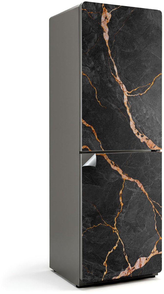Wallfluent Koelkaststickers - Marmerpatroon met aderen Koelkast Folie - 60 cm x 180 cm - Zwart Koelkaststickers - Zelfklevende Koelkaststicker - Stijlvolle Koelkast Stickers - Koelkast Wrap - Koelkast Makeover