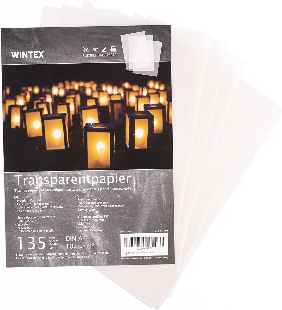WINTEX® 135 vel premium transparant papier DIN A4, 102 g/m², super kwaliteit - wit knutselpapier - bedrukbaar