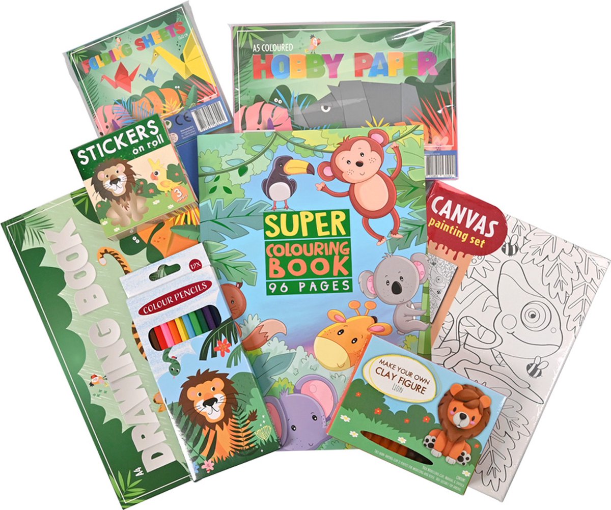 Jungle Knutselpakket - Knutseldoos - Knutselbox voor Kinderen - Kleurdoos - Inclusief Schilderboek - Kleurboeken - Potloden - Vouwblaadjes en Stickers - Combibox vanaf 3 jaar