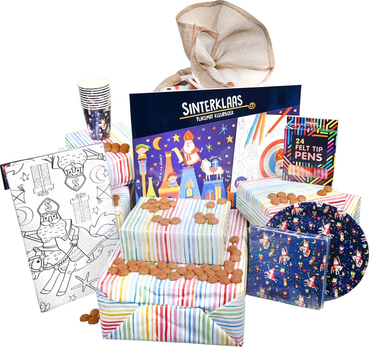Tafelpakket Sinterklaas Met Gratis Jute Zak - Sinterklaas Cadeautjes Kinderen - Sinterklaas Decoratie en Versiering - Placemat Kleurboek, Tafelkleed, Bekers, Borden, Servetten, Viltstiften - Vanaf 3 Jaar