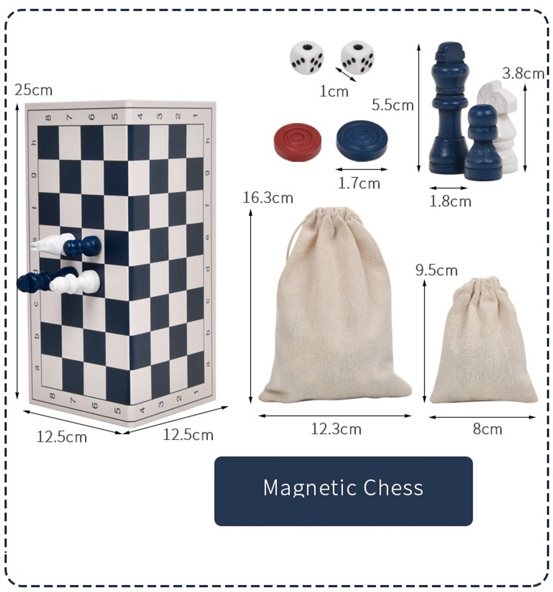 WK 3-in-1 Magnetisch Opvouwbaar Reisspel – Schaak, Dammen & Backgammon – Draagbare Set met Opbergzakje – 25 x 25 cm – Compact & Lichtgewicht