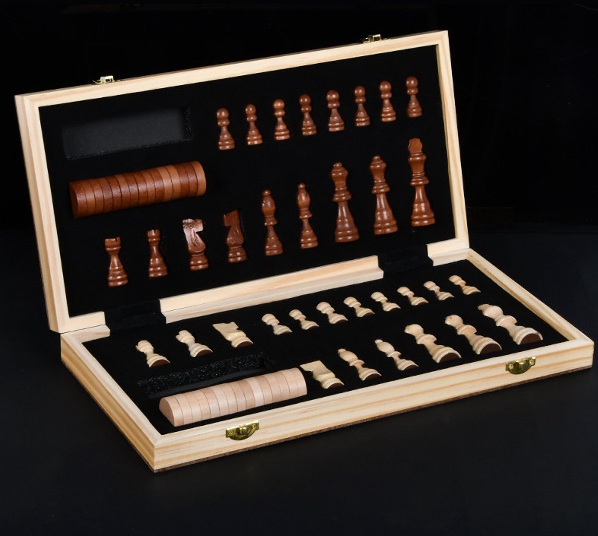 WK 2-in-1 Magnetisch Schaak- en Damspel – Opvouwbaar Houten Bord 39x39 cm – Luxe Set met Massief Houten Stukken en Opbergdoos