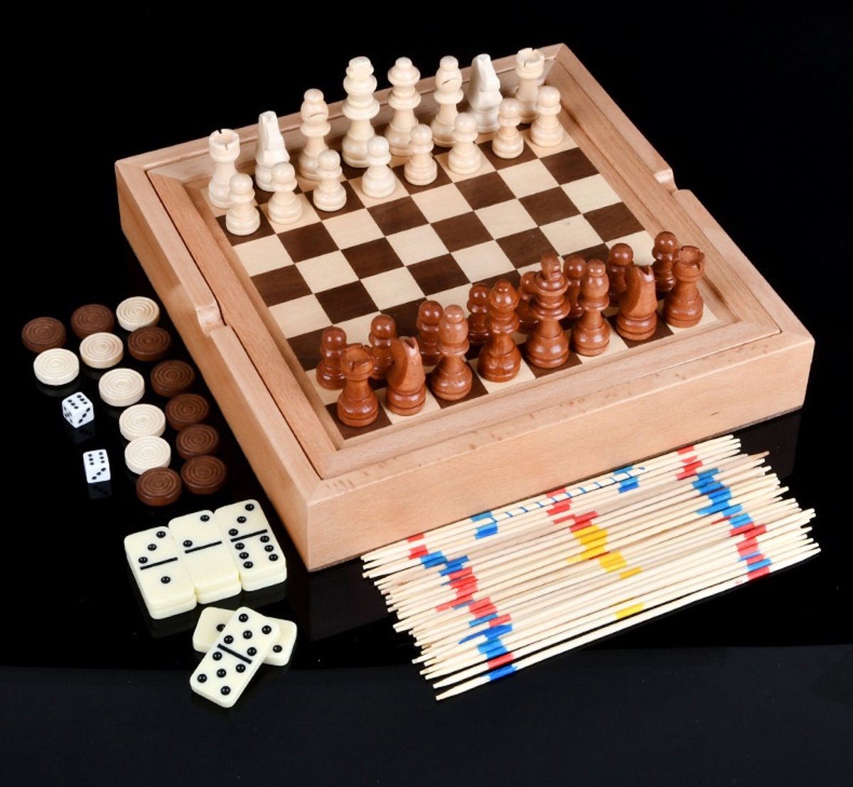 WK 5-in-1 Houten Spelletjes Set – Schaakset - Dammen, Domino, Mikado & Negenpunten – Educatief Tafelspel voor Kinderen – Natuurlijk Dennenhout zonder kleur