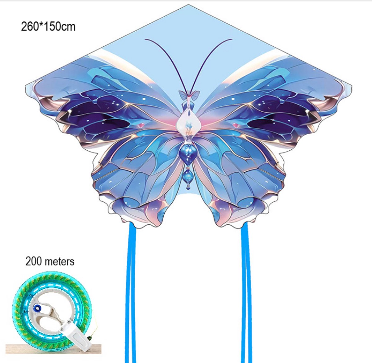 WK Diamant Vlinder Vlieger – 260x150cm – Glasvezel Frame – 200m Vlieglijn met Zelfremmende Katrol – Snelle Montage – Superieure Vliegeigenschappen