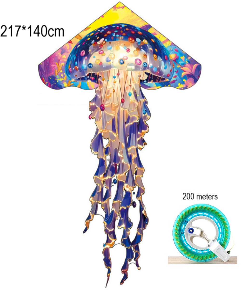 WK Grote Jellyfish Vlieger – Kleurrijke Kwal (Jellyfish) – 217×140 cm – Glasvezel Frame – Heldere Kleuren – Inclusief 200m Lijn & Zelfremmende Katrol
