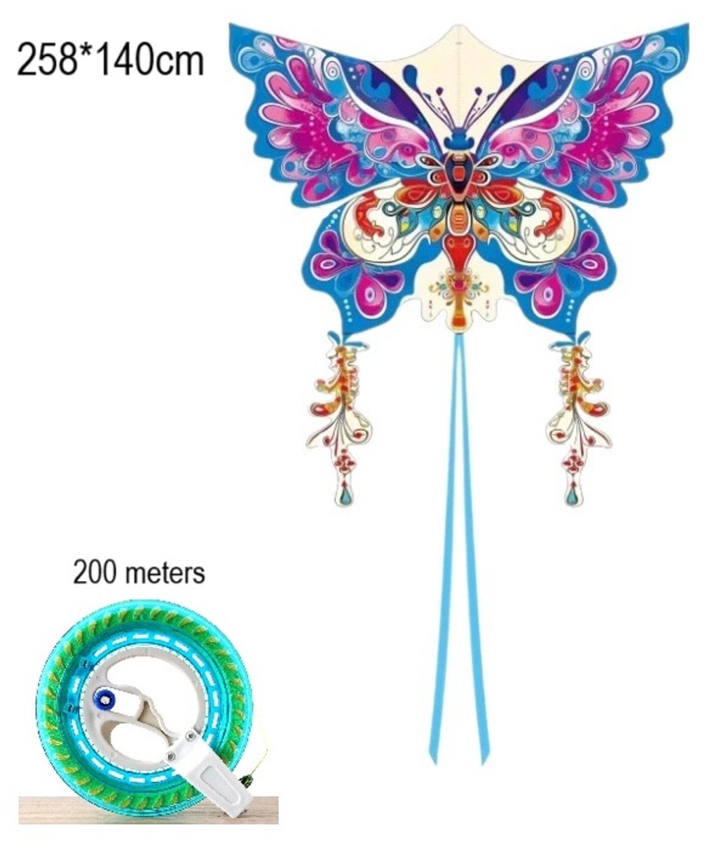 WK Kleurrijke Vlinder Vlieger – 258x140cm – Stevig Glasvezel Frame – 200m Lijn met Zelfremmende Katrol – Snel Op Te Zetten & Makkelijk te Besturen