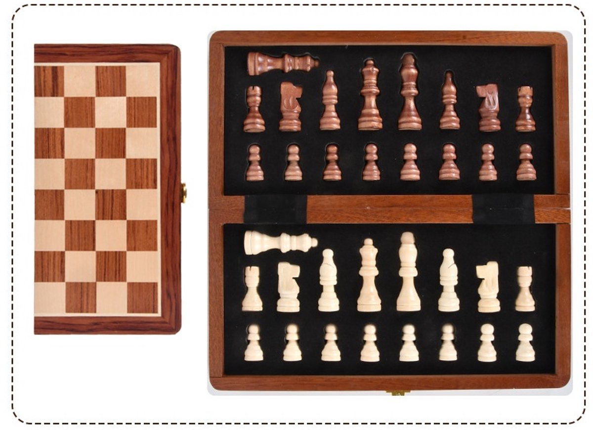 WK Luxe Opvouwbare Magnetische Schaakset – 29x29 cm – Gemaakt van Massief Roodhout met Sterke Magneet – Premium Kwaliteit met Metalen Sluiting