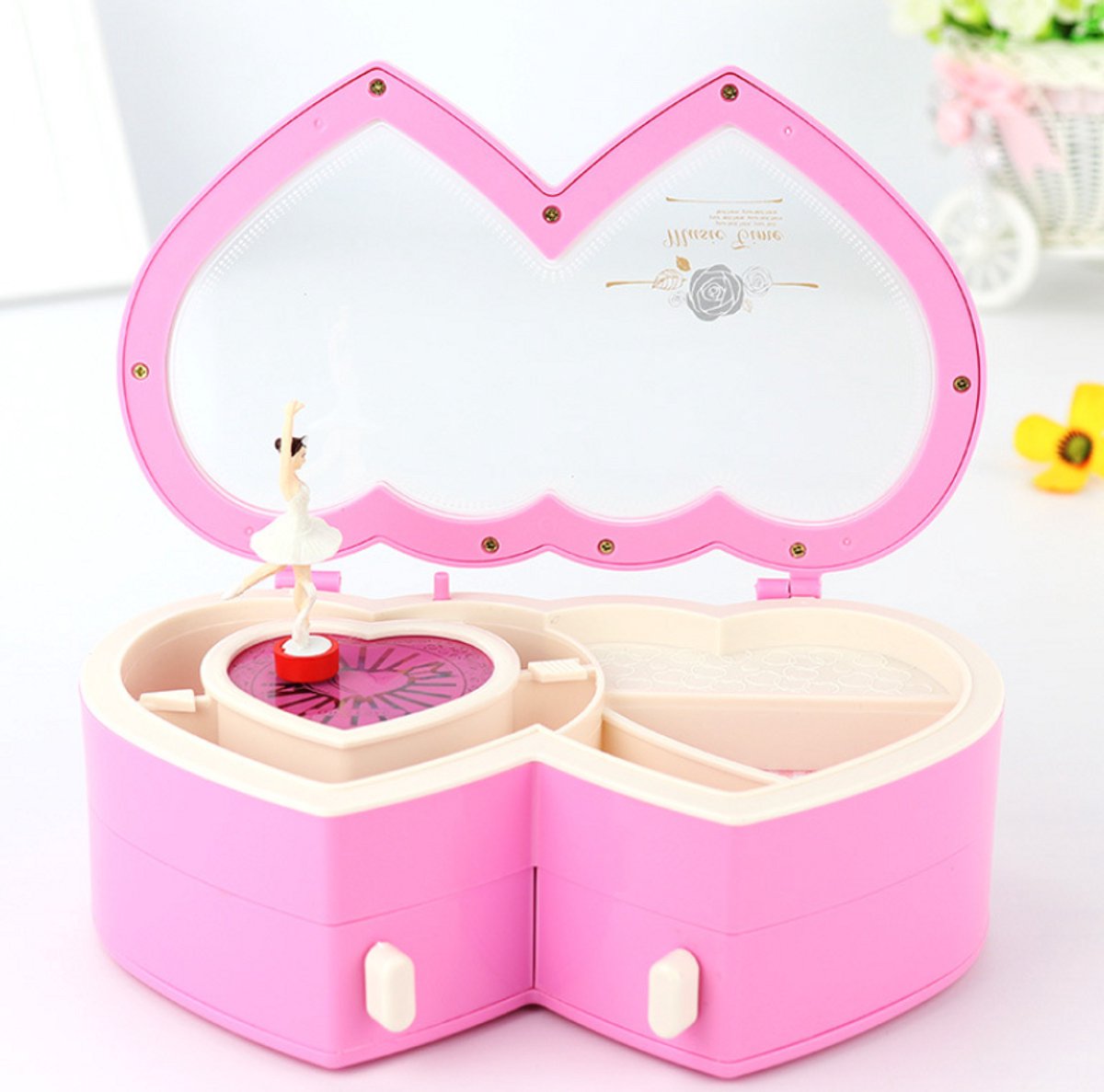 WK Muziekdoosje met Draaiballerina – Roze Prinses Sieradendoos met Lades – Dubbel Laags Hartvormige Kinder Muziekdoos – 21,5 x 14,5 x 8 cm -Cadeau voor Meisjes - Zacht Roze