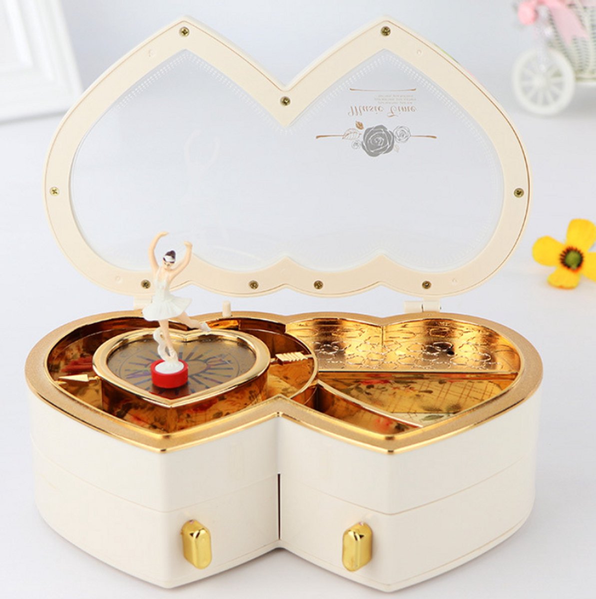 WK Muziekdoosje met Draaiballerina – Roze Prinses Sieradendoos met Lades – Dubbel Laags Hartvormige Kinder Muziekdoos – Cadeau voor Meisjes - Zacht Wit
